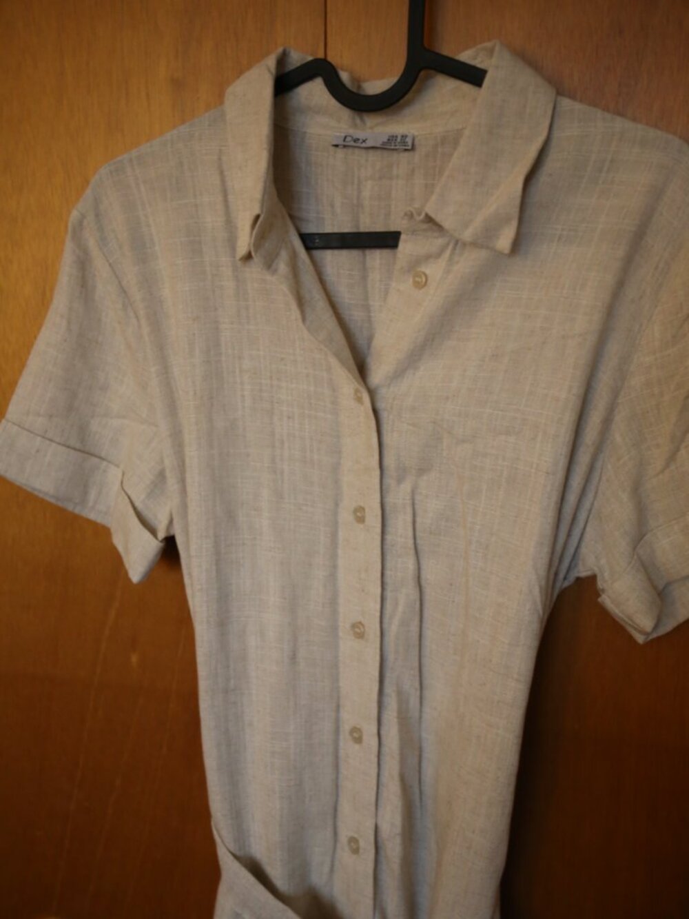 DEX Linen Blend Short Sleeve Button-Down Belted Shirt Dress in Beige